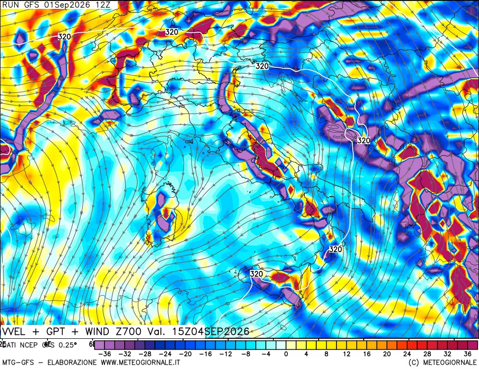 mappa 700 hPa Velocità verticiali + GPT + Vento