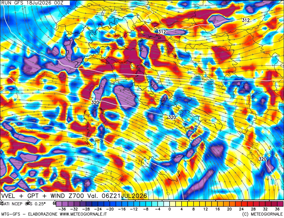 mappa 700 hPa Velocità verticiali + GPT + Vento