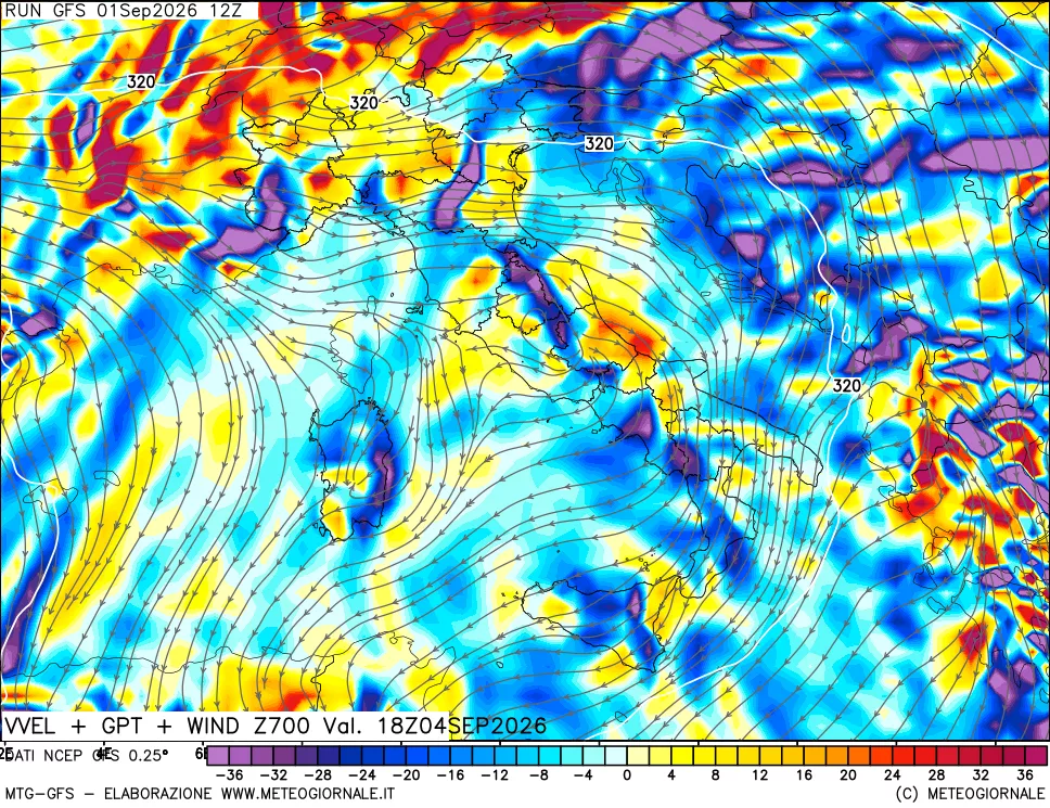 mappa 700 hPa Velocità verticiali + GPT + Vento