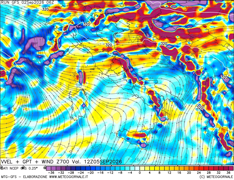 mappa 700 hPa Velocità verticiali + GPT + Vento