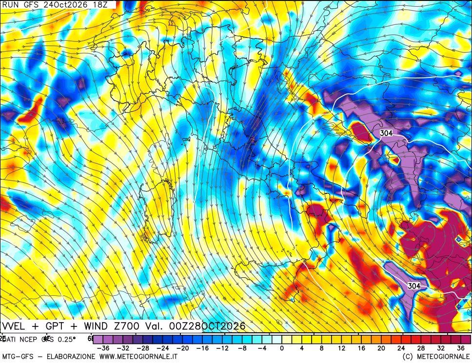 mappa 700 hPa Velocità verticiali + GPT + Vento