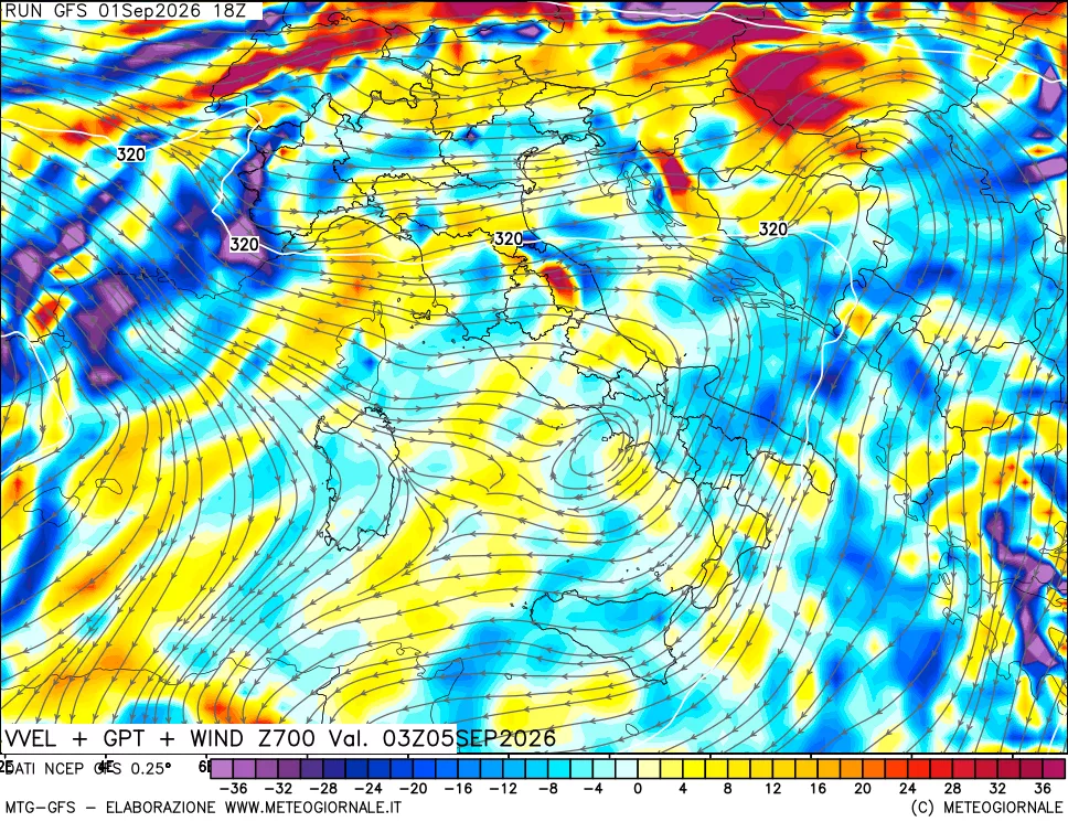 mappa 700 hPa Velocità verticiali + GPT + Vento
