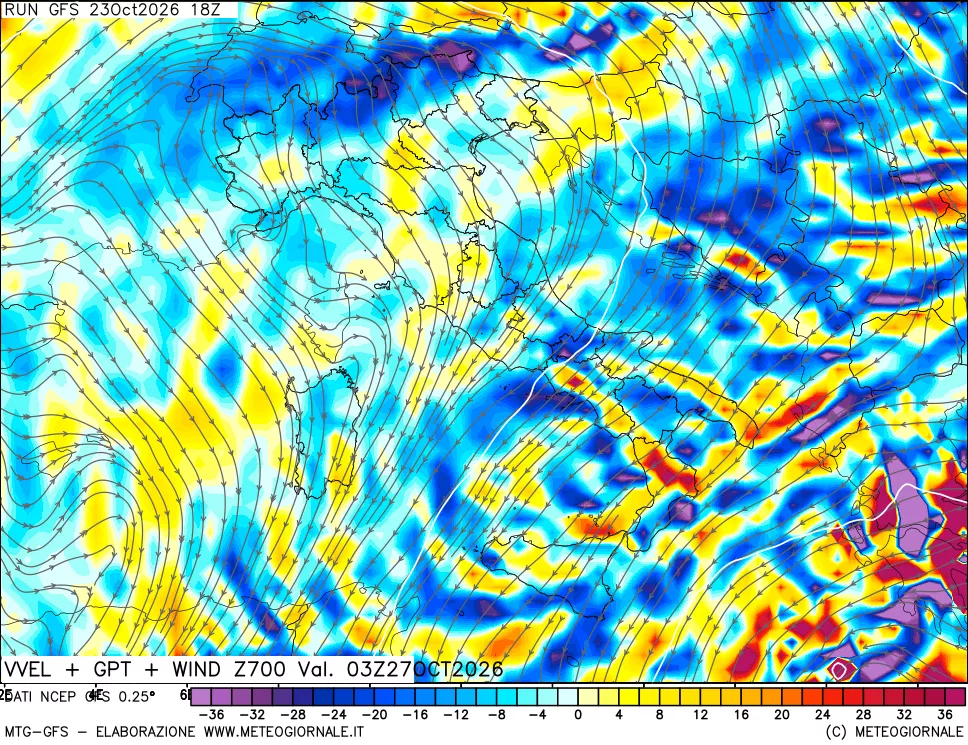 mappa 700 hPa Velocità verticiali + GPT + Vento