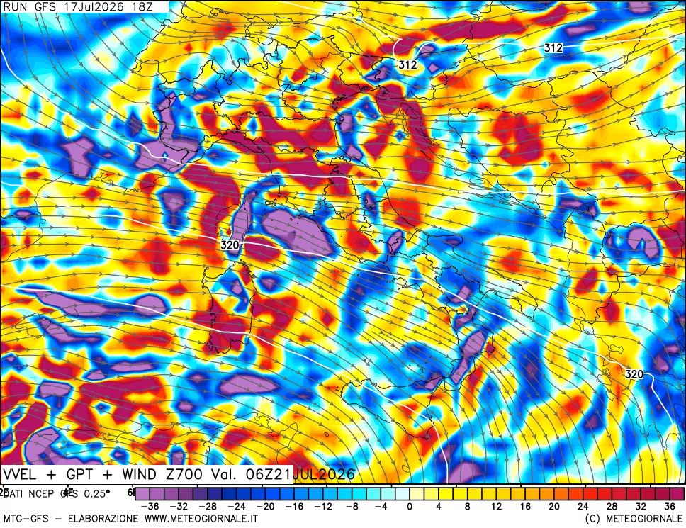mappa 700 hPa Velocità verticiali + GPT + Vento