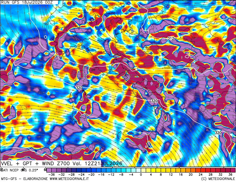 mappa 700 hPa Velocità verticiali + GPT + Vento