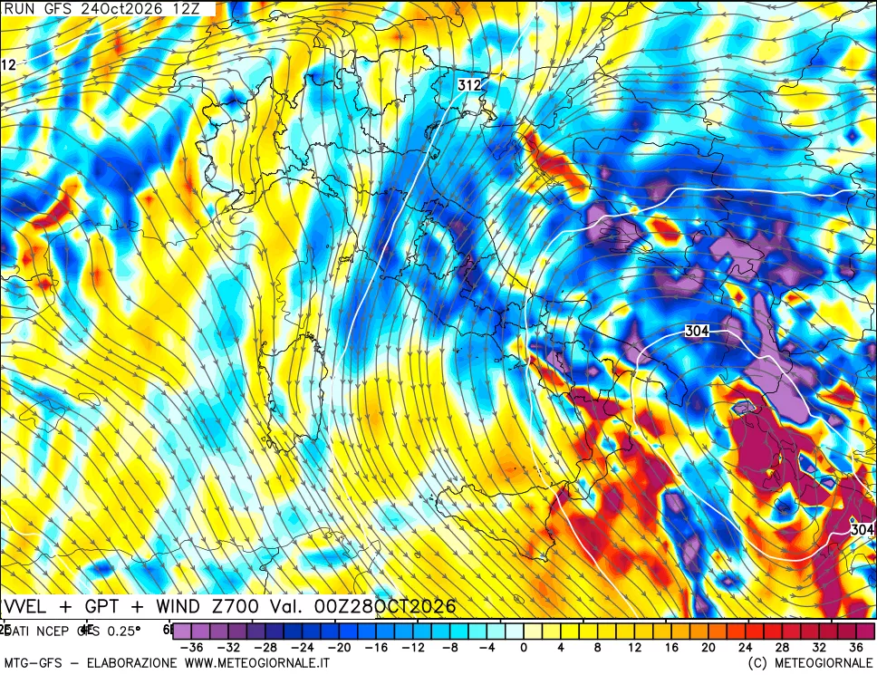 mappa 700 hPa Velocità verticiali + GPT + Vento