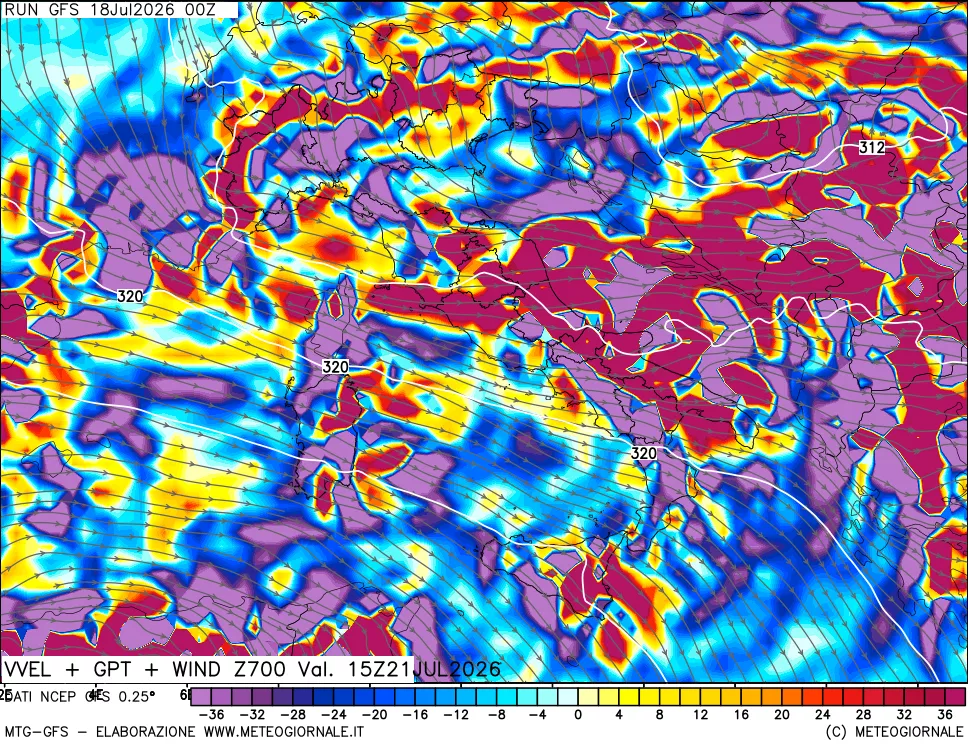 mappa 700 hPa Velocità verticiali + GPT + Vento