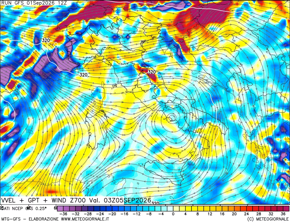 mappa 700 hPa Velocità verticiali + GPT + Vento