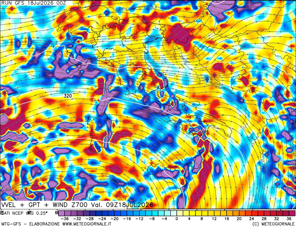 mappa 700 hPa Velocità verticiali + GPT + Vento