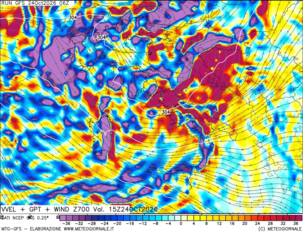 mappa 700 hPa Velocità verticiali + GPT + Vento