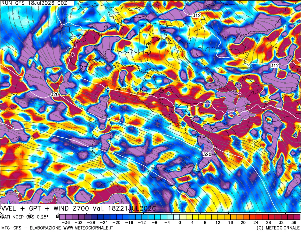 mappa 700 hPa Velocità verticiali + GPT + Vento