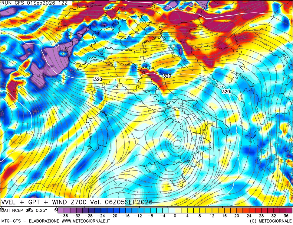 mappa 700 hPa Velocità verticiali + GPT + Vento