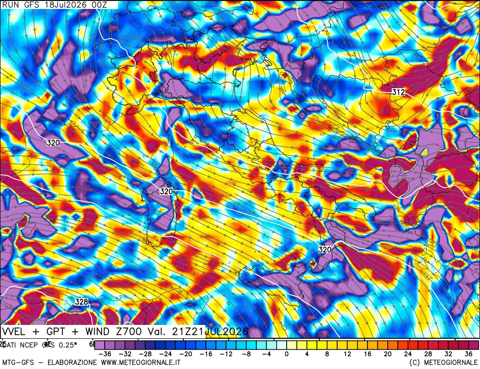 mappa 700 hPa Velocità verticiali + GPT + Vento
