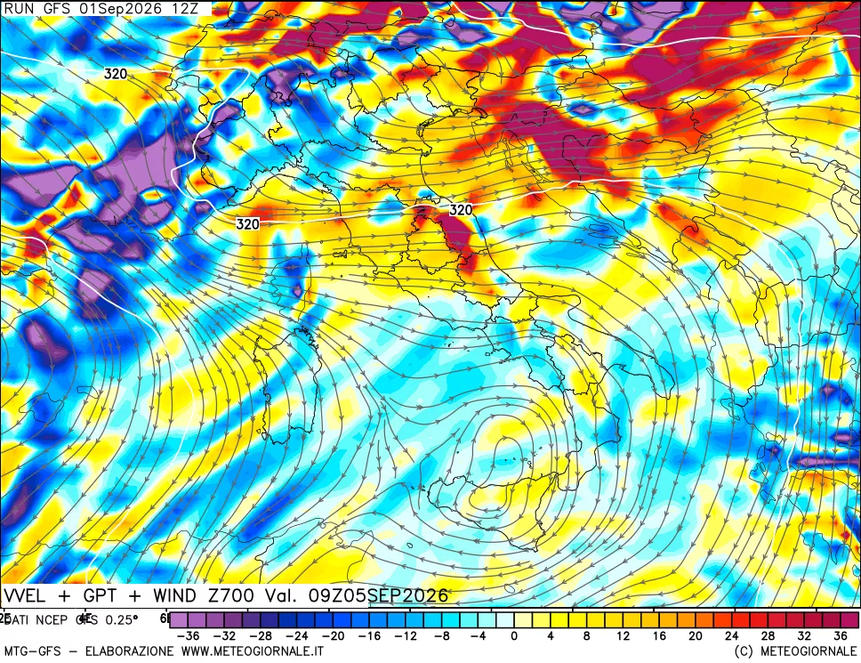 mappa 700 hPa Velocità verticiali + GPT + Vento