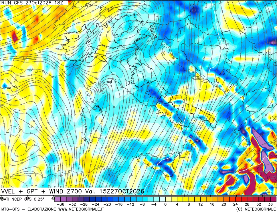 mappa 700 hPa Velocità verticiali + GPT + Vento