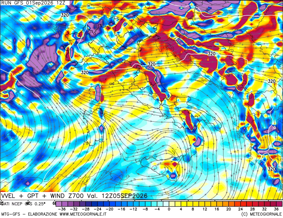 mappa 700 hPa Velocità verticiali + GPT + Vento