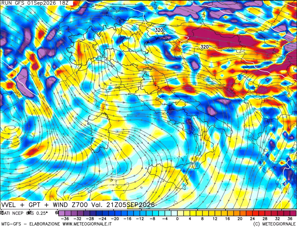 mappa 700 hPa Velocità verticiali + GPT + Vento