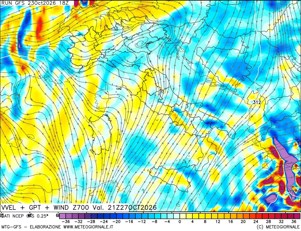 mappa 700 hPa Velocità verticiali + GPT + Vento