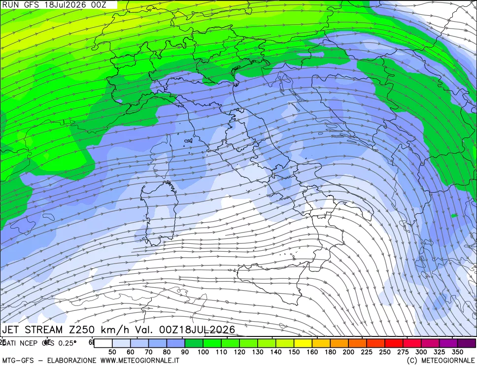 mappa 250 hPa Jet stream
