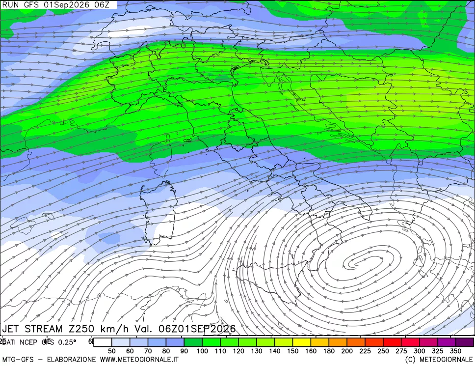 mappa 250 hPa Jet stream