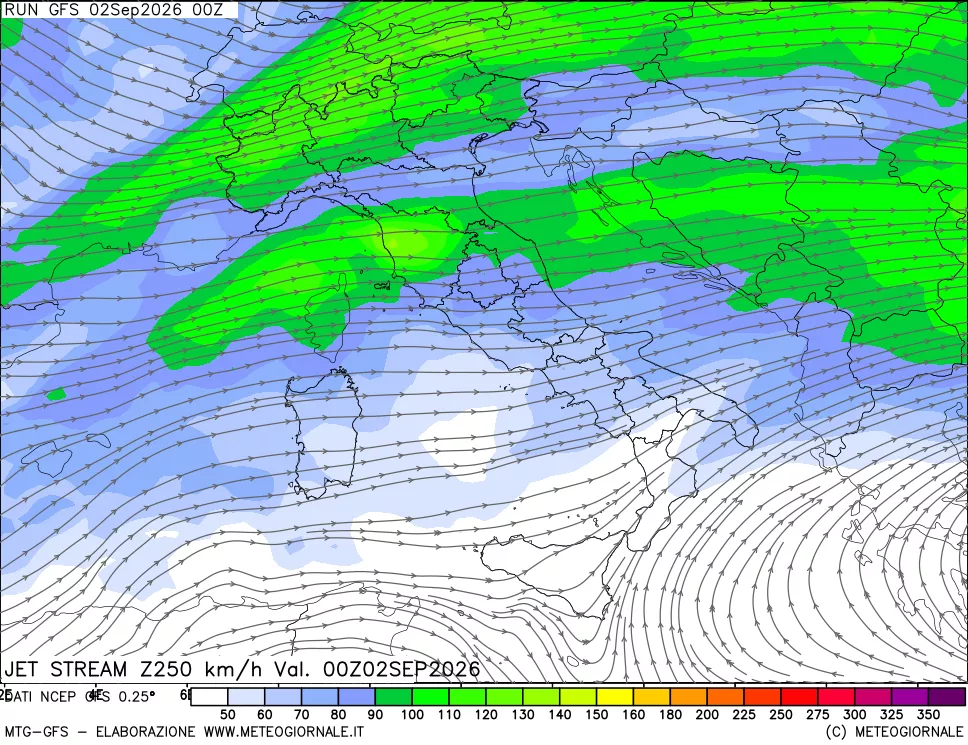 mappa 250 hPa Jet stream