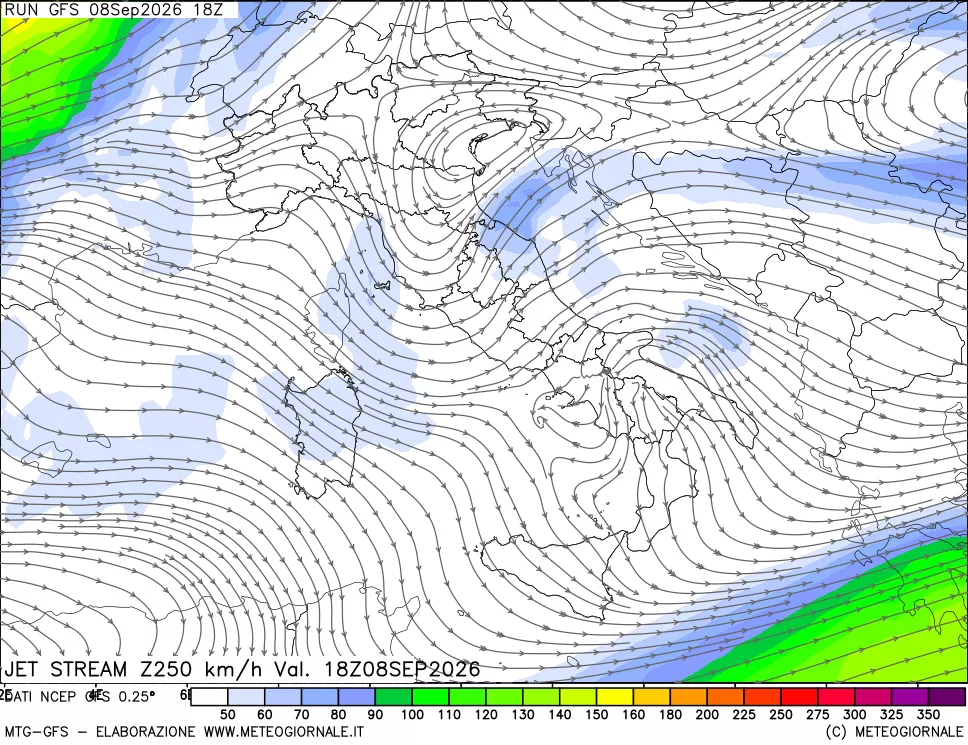 mappa 250 hPa Jet stream