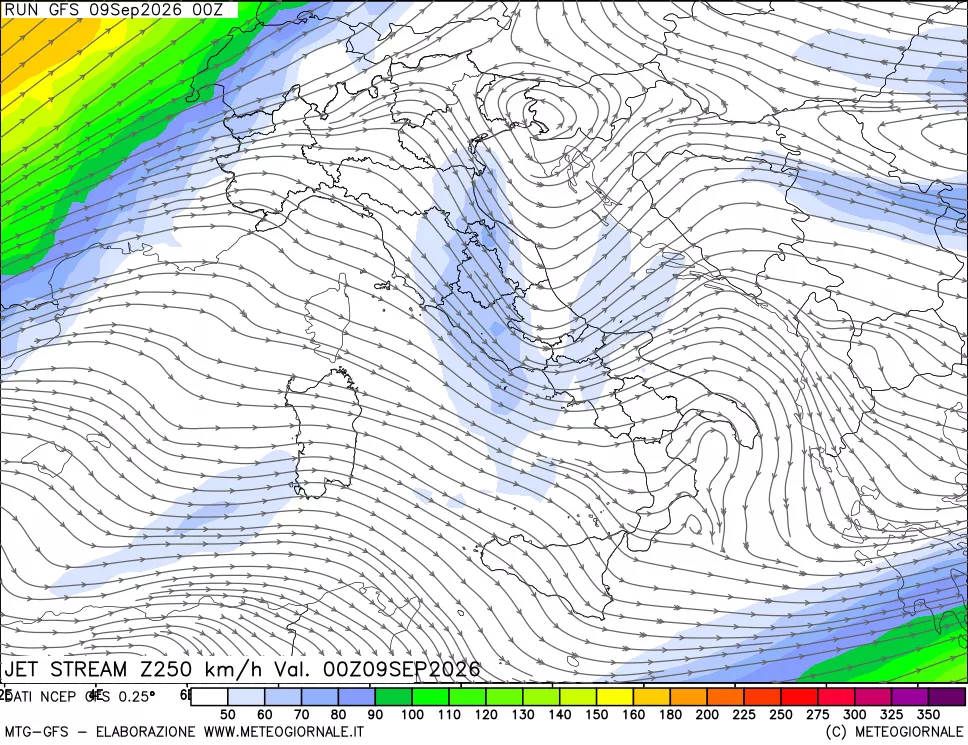 mappa 250 hPa Jet stream