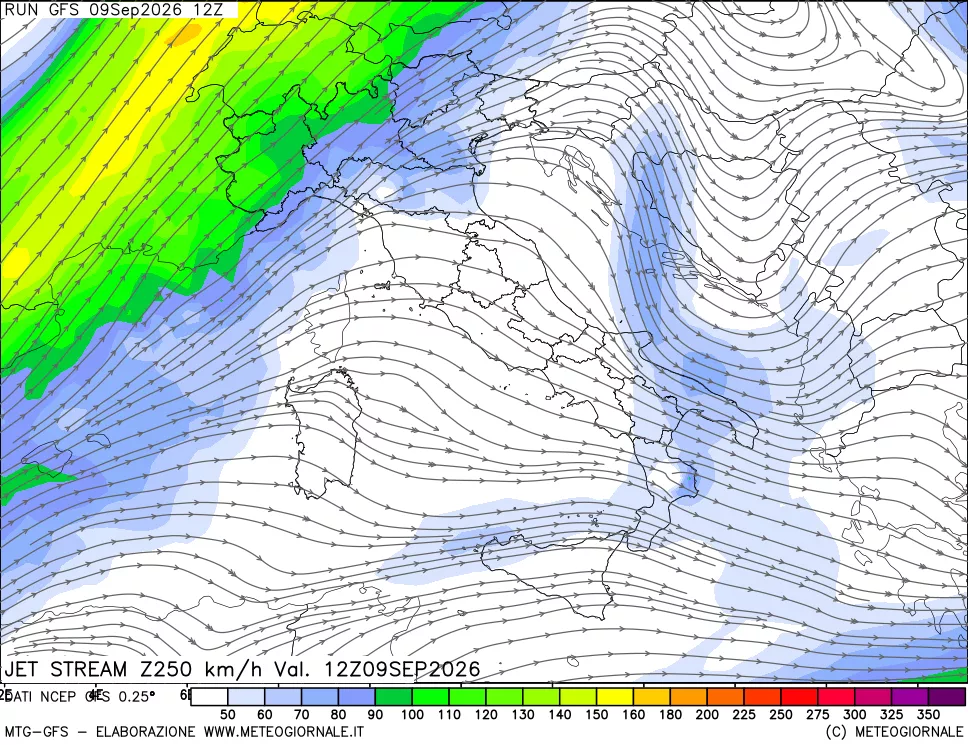 mappa 250 hPa Jet stream