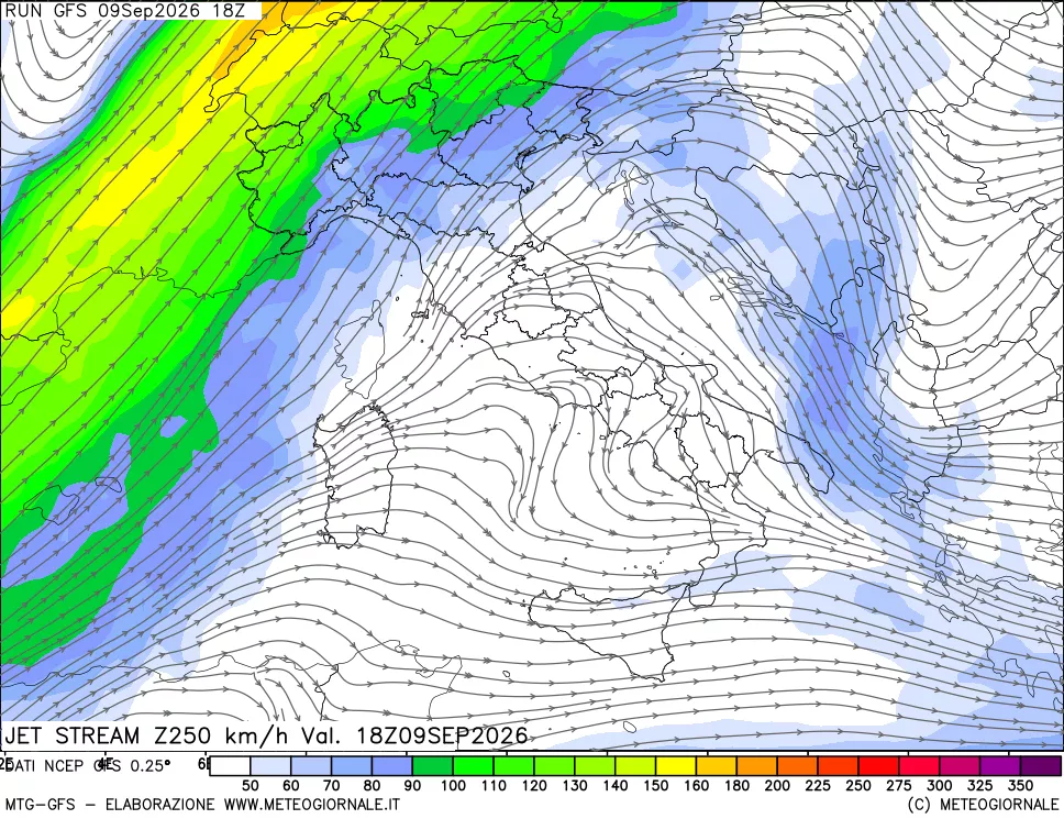 mappa 250 hPa Jet stream