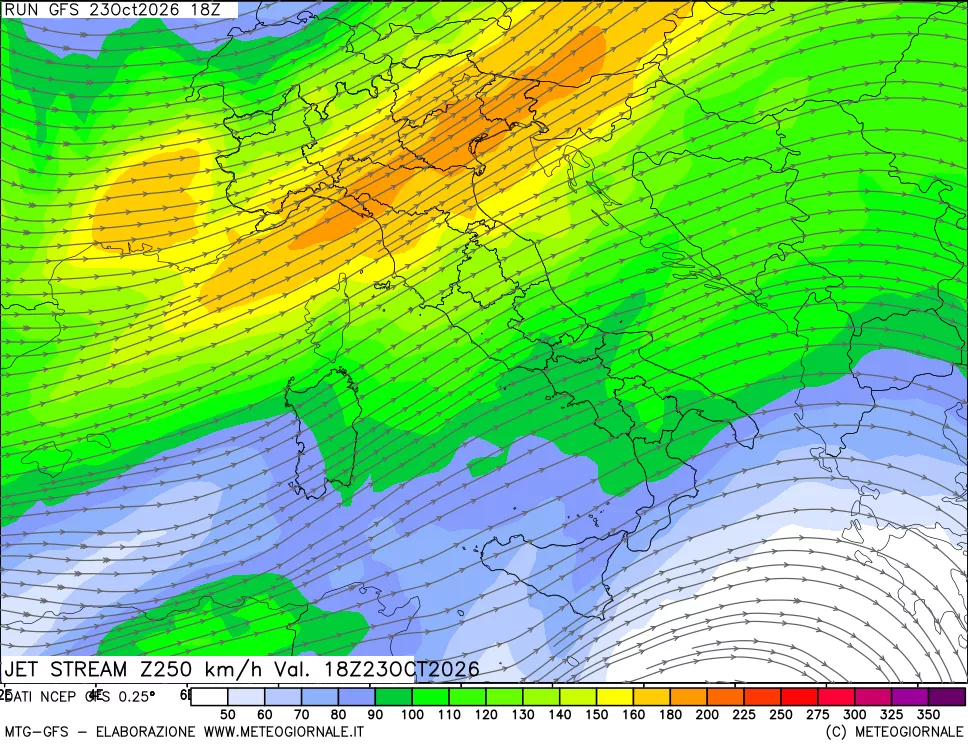 mappa 250 hPa Jet stream