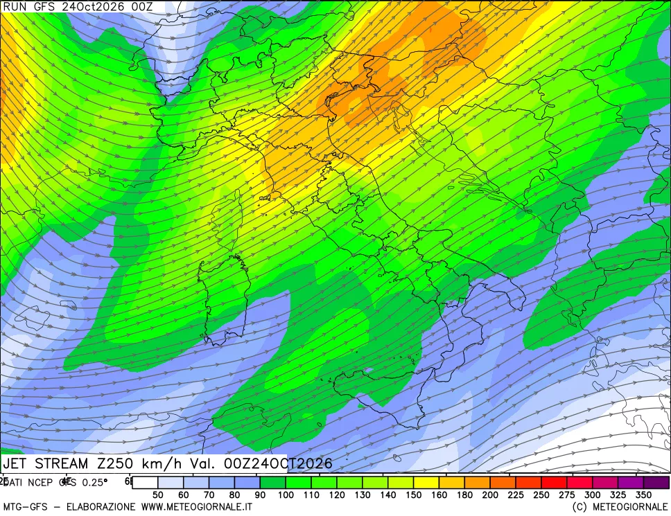 mappa 250 hPa Jet stream