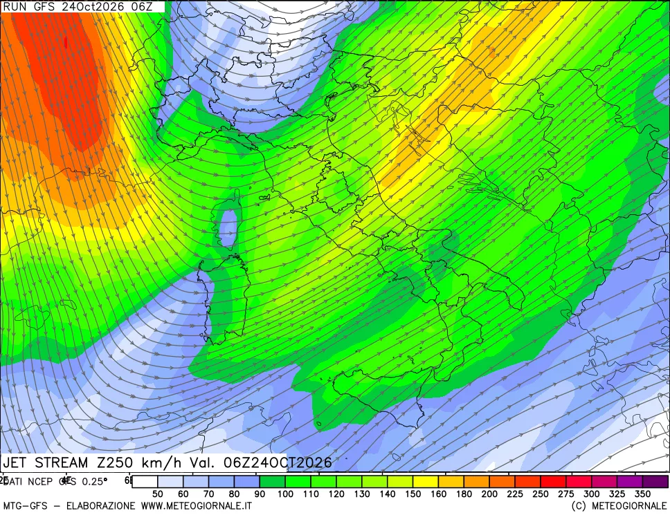mappa 250 hPa Jet stream