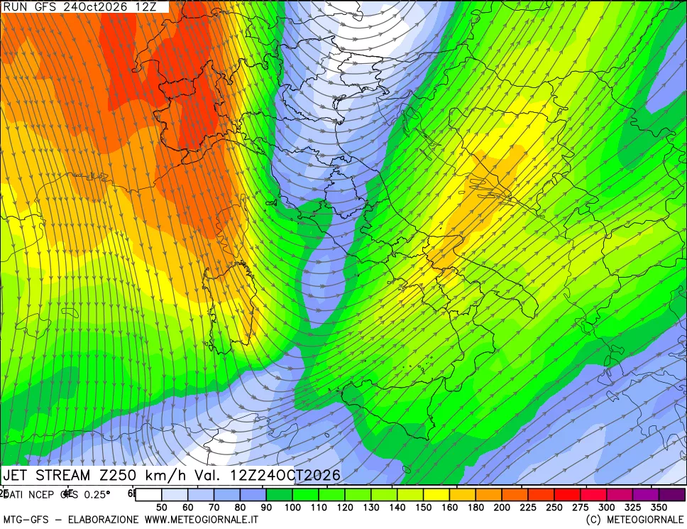 mappa 250 hPa Jet stream