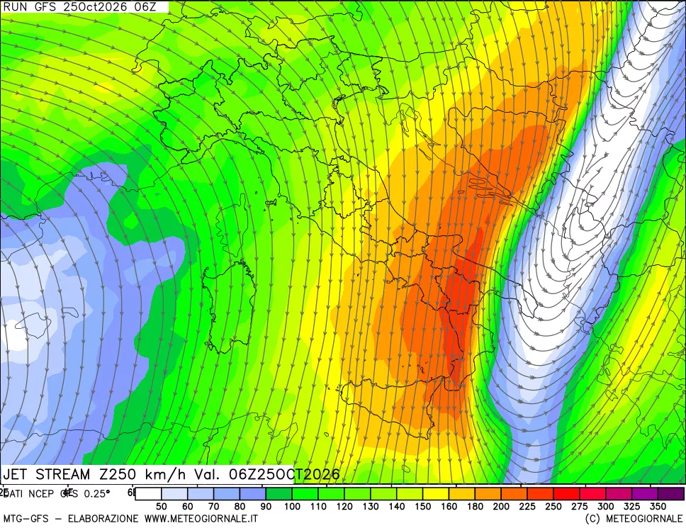 mappa 250 hPa Jet stream