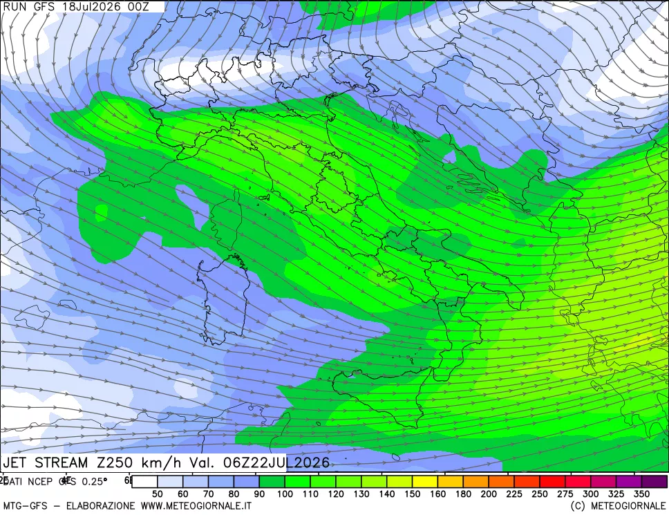 mappa 250 hPa Jet stream