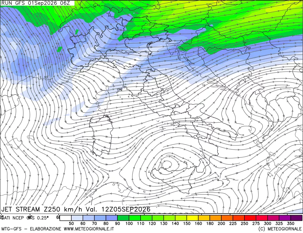 mappa 250 hPa Jet stream