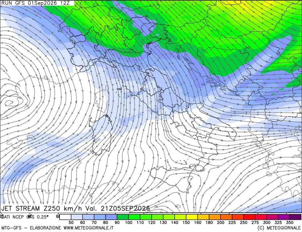 mappa 250 hPa Jet stream
