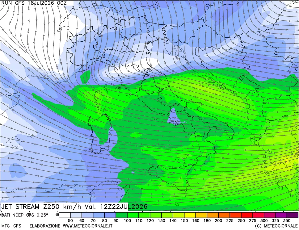 mappa 250 hPa Jet stream