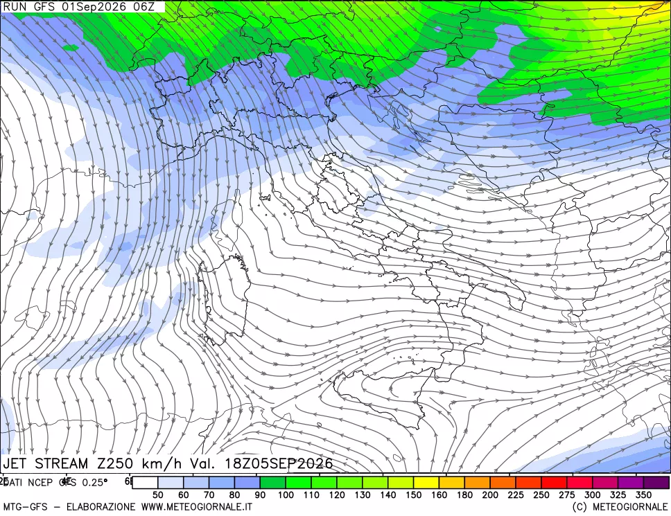 mappa 250 hPa Jet stream