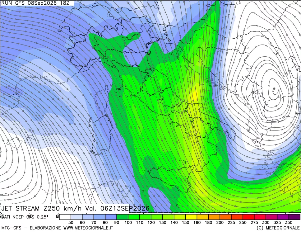 mappa 250 hPa Jet stream