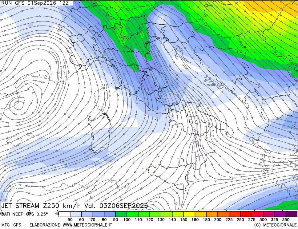 mappa 250 hPa Jet stream