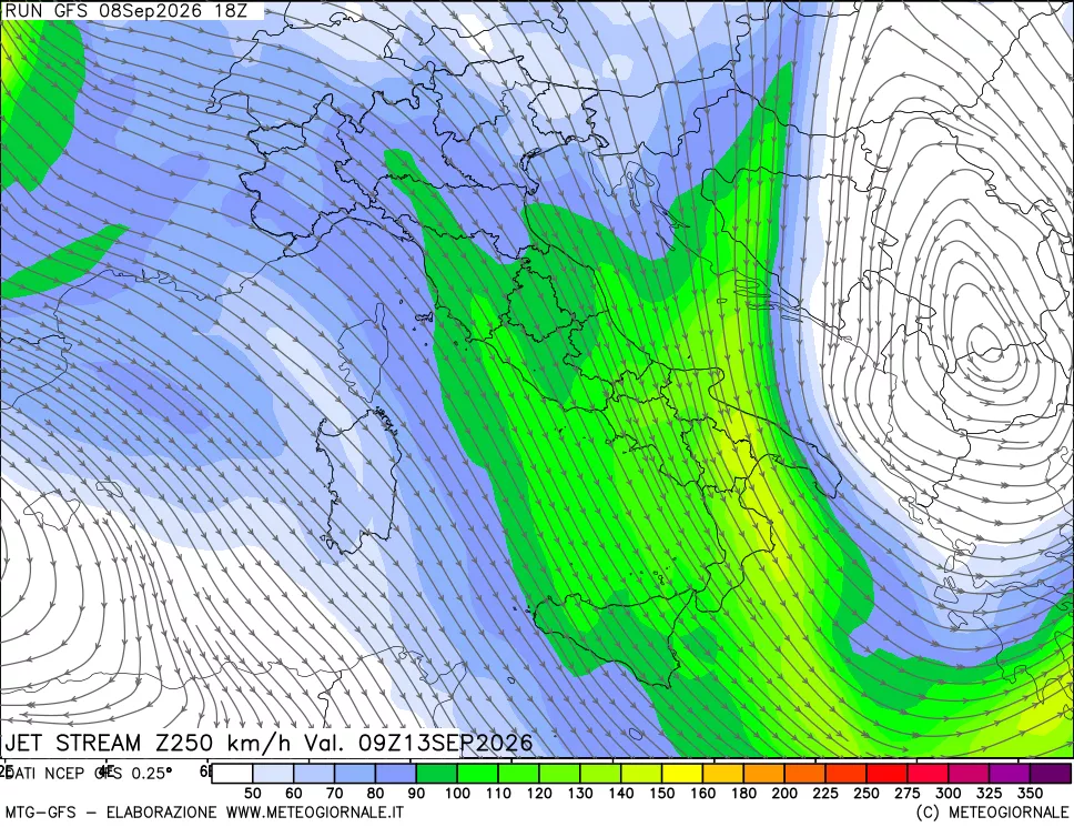 mappa 250 hPa Jet stream