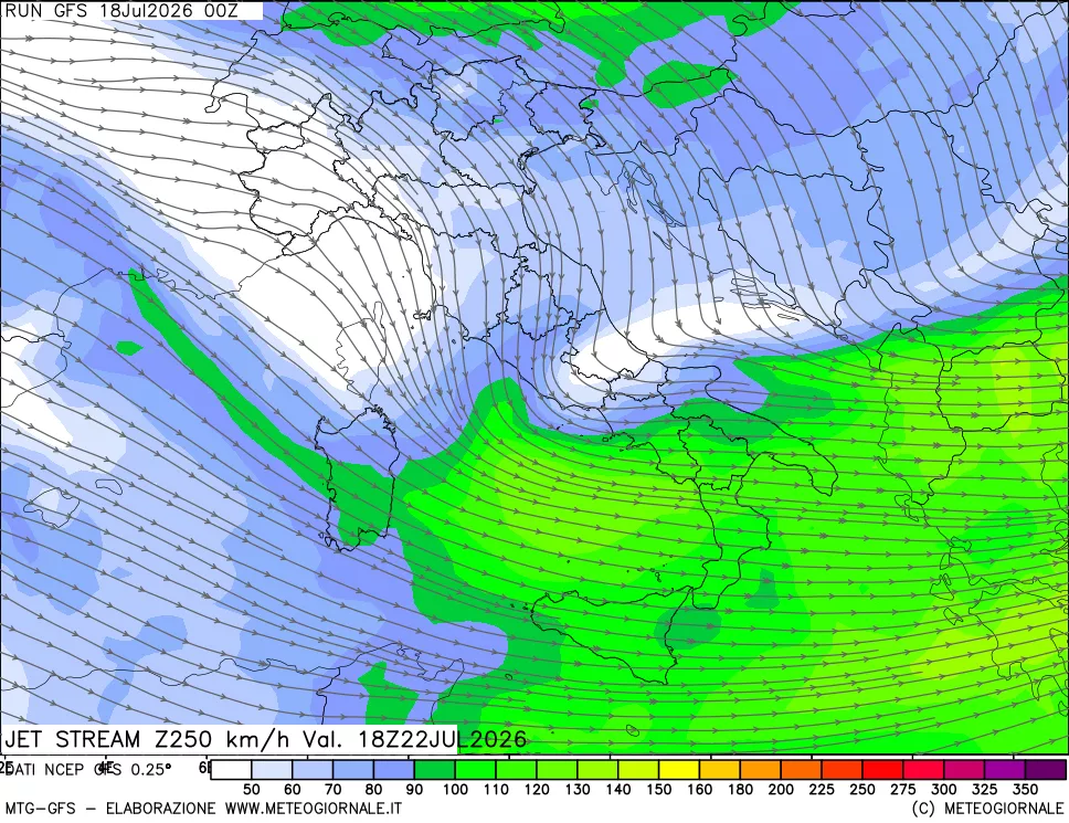 mappa 250 hPa Jet stream