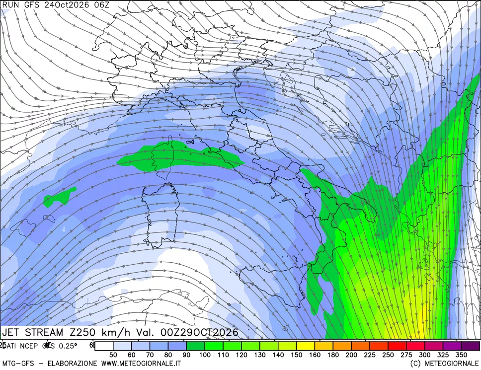 mappa 250 hPa Jet stream