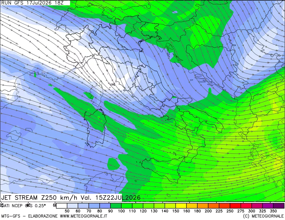 mappa 250 hPa Jet stream