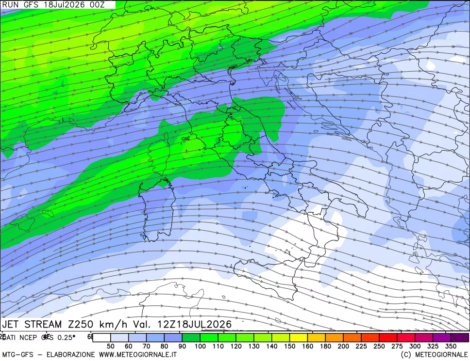 mappa 250 hPa Jet stream
