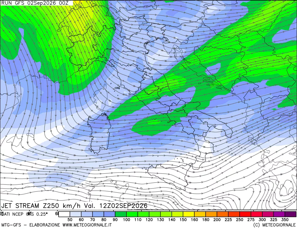 mappa 250 hPa Jet stream