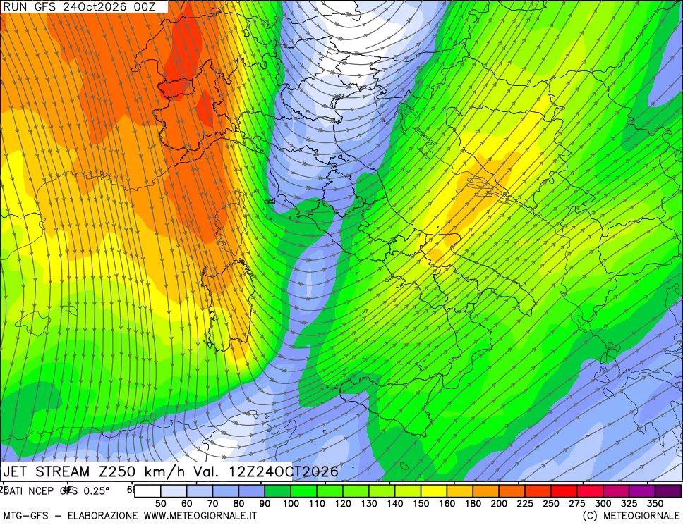 mappa 250 hPa Jet stream