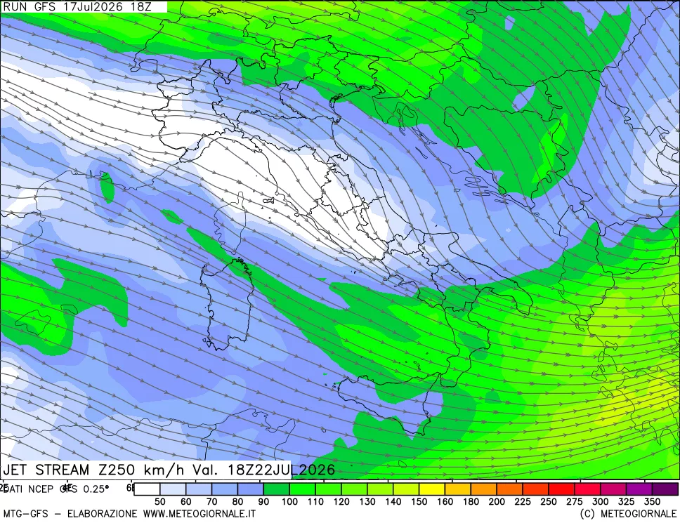 mappa 250 hPa Jet stream