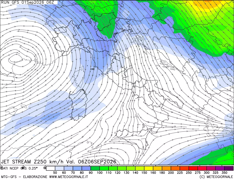 mappa 250 hPa Jet stream